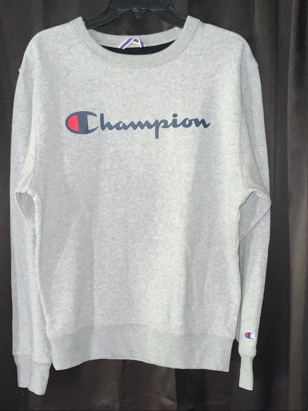 Champion Light Gray Crewneck Sweatshirt with Navy & Red Logo